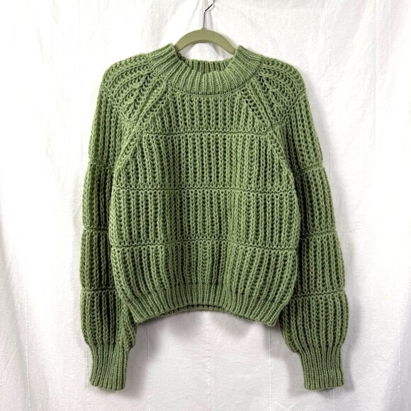 Hyfve Sweater Womens Sz M Green Chunky Open Knit Puff Sleeve Crewneck Pullover - Picture 1 of 9